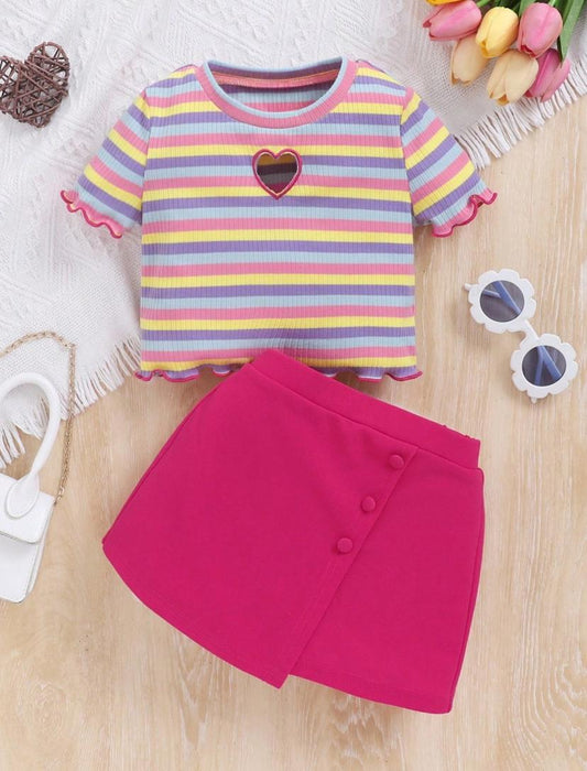 Young Girls Sweet & Cool Daily Striped Short Sleeve Top With Skirt