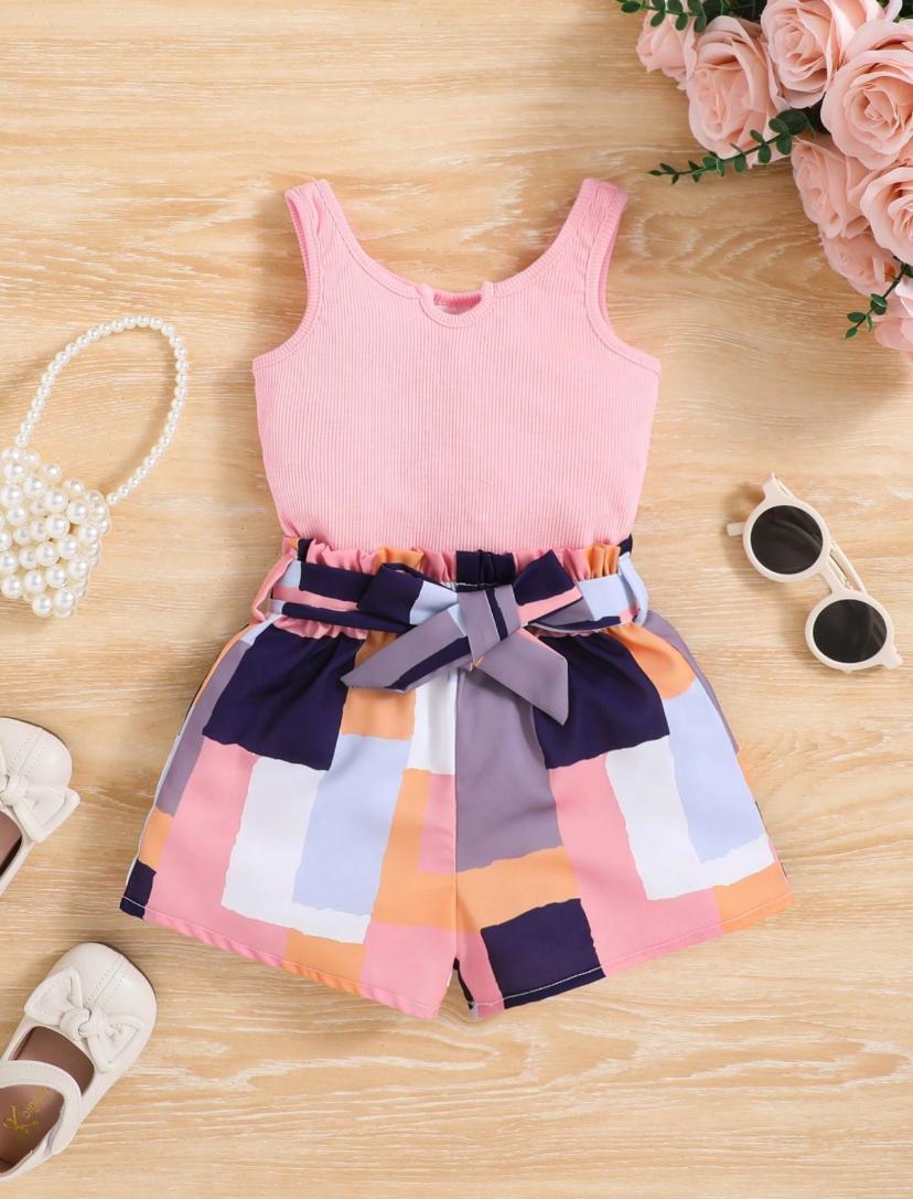 Baby Girls Colorblock Belted Pink Tank Top & Short Set | 6M-3Y