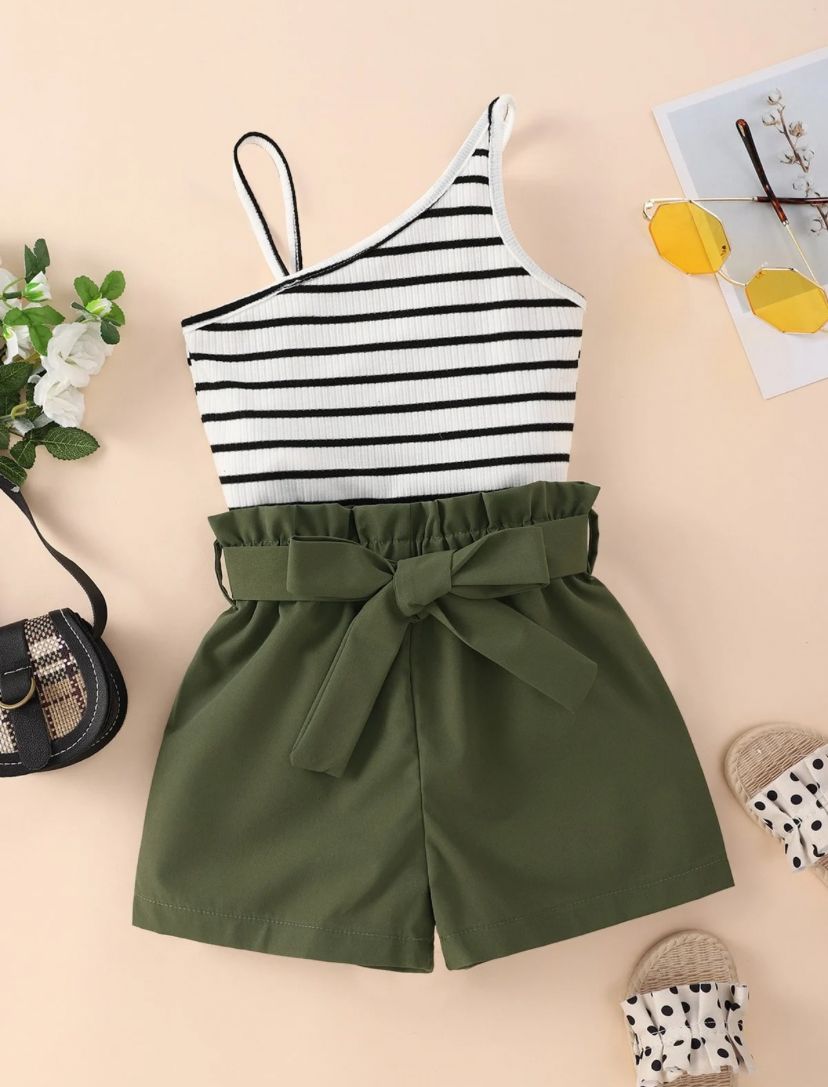 Young Girls Striped Asymmetrical Neck Top & Paperbag Waist Belted Shorts Set