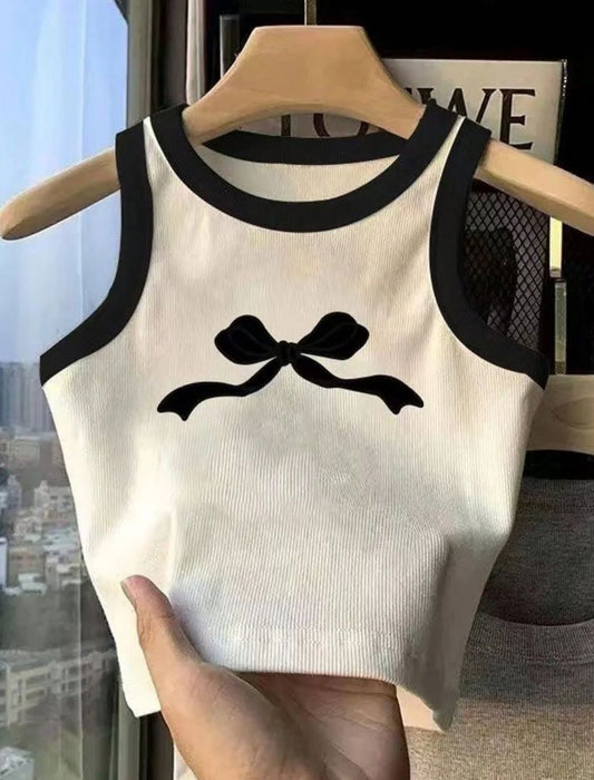 Young Girls Bow Print Round Neck Casual Versatile Tank Top