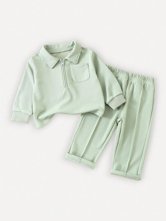 Baby Boys Long Sleeve Collar Top & Two Tone Pant Set