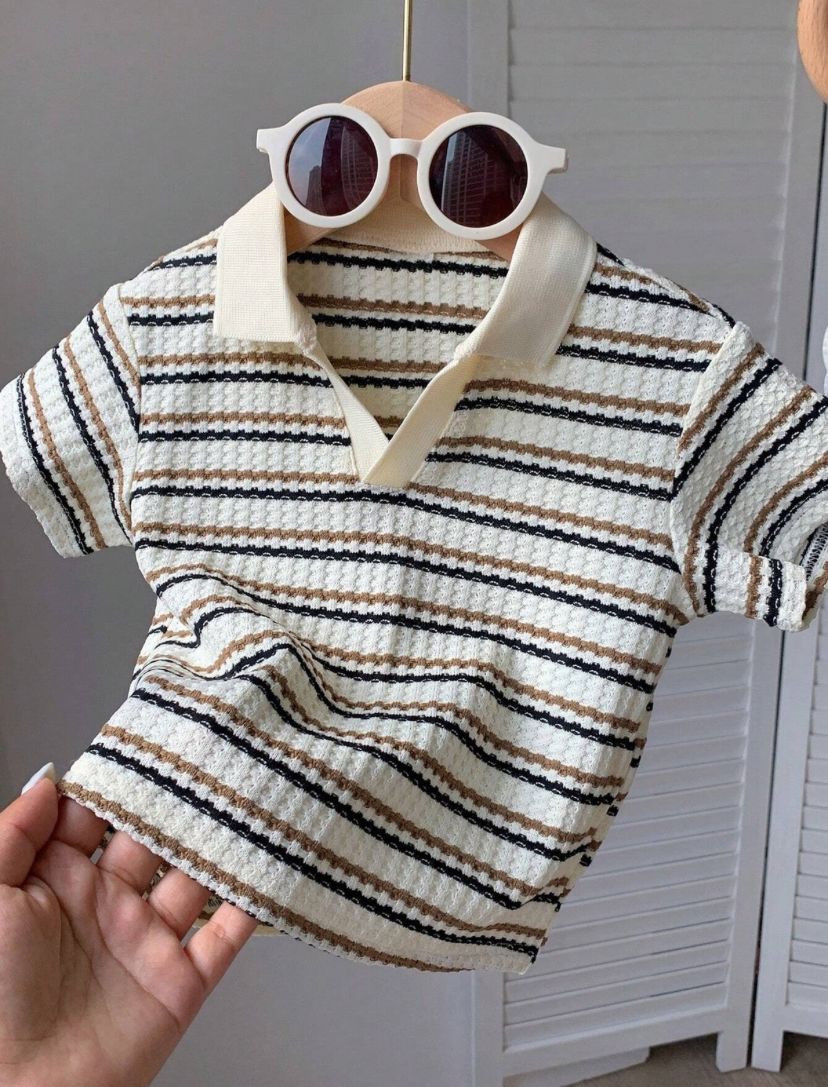 Baby Boys Casual Ribbed Knit Striped Polo Short Sleeve Top