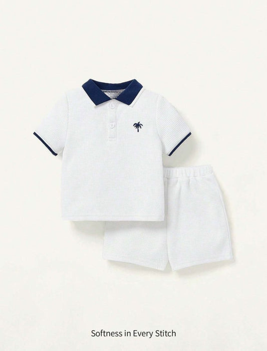 Baby Boys Coconut Tree Embroidered Collar Top & Solid Color Shorts Set