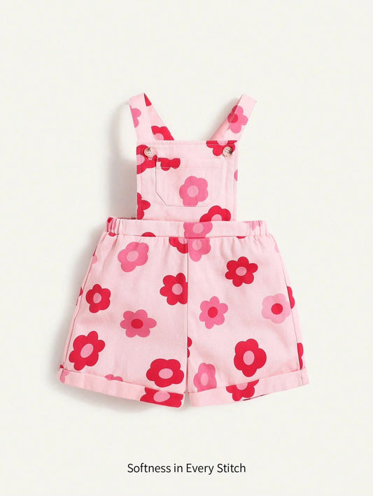 Baby Girls Colorful Floral Print Pocket Front Pinafore Romper