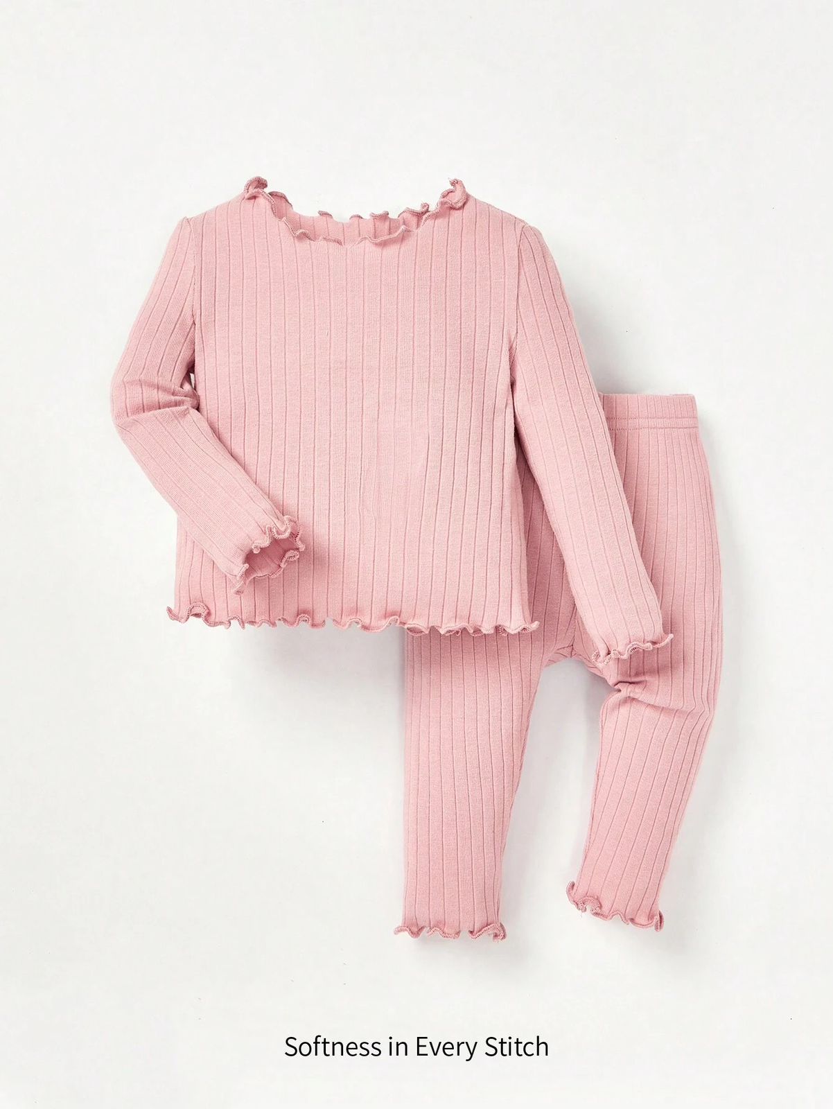 New Born Pink Trim Ribbed Knit Top & Leggings Set