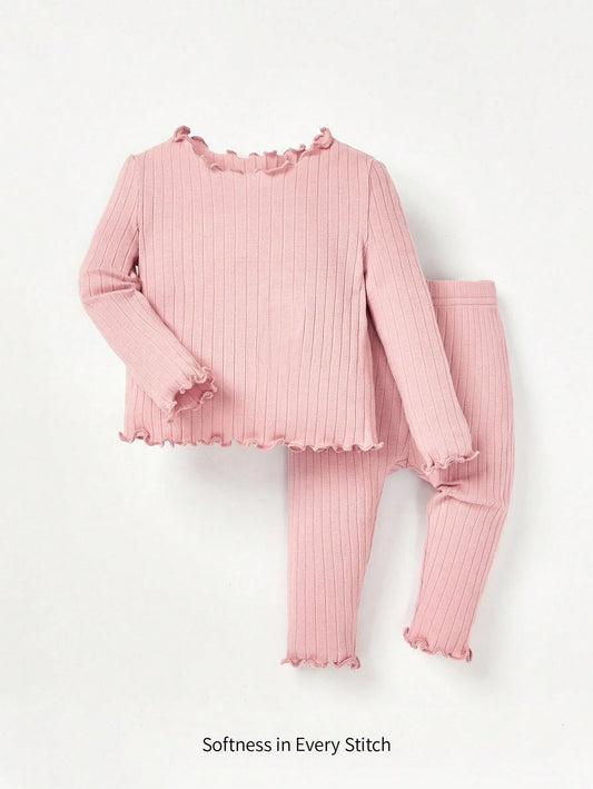 New Born Pink Trim Ribbed Knit Top & Leggings Set