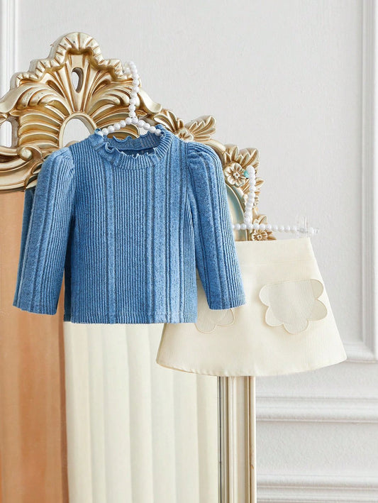 Baby Girls Blue Long Sleeve Top & White Solid Color Skirt Set