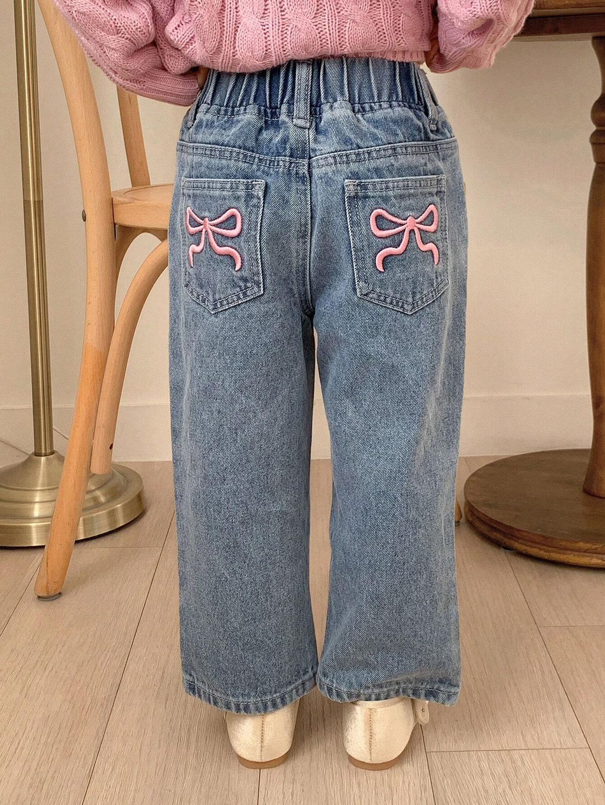 Young Girls Butterfly Embroidery Casual Straight Leg Jean