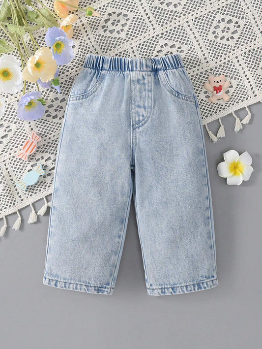 Baby Girls Comfortable Light Wash Stretch Waist Straight Denim