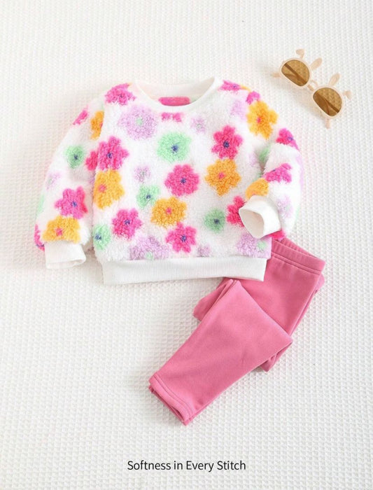 Baby Girls Floral Print Thermal Lined Crew Neck Long Sleeve Top & Sweatpants Set