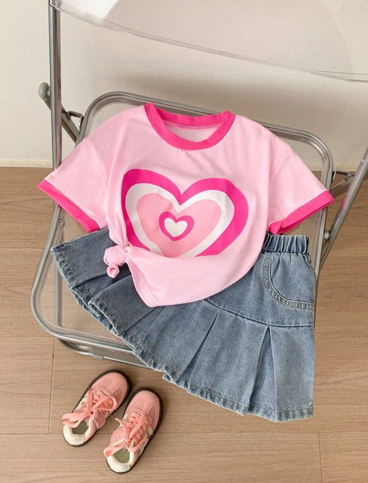 Young Girls Knit Heart Print Top & Denim Skirt Set