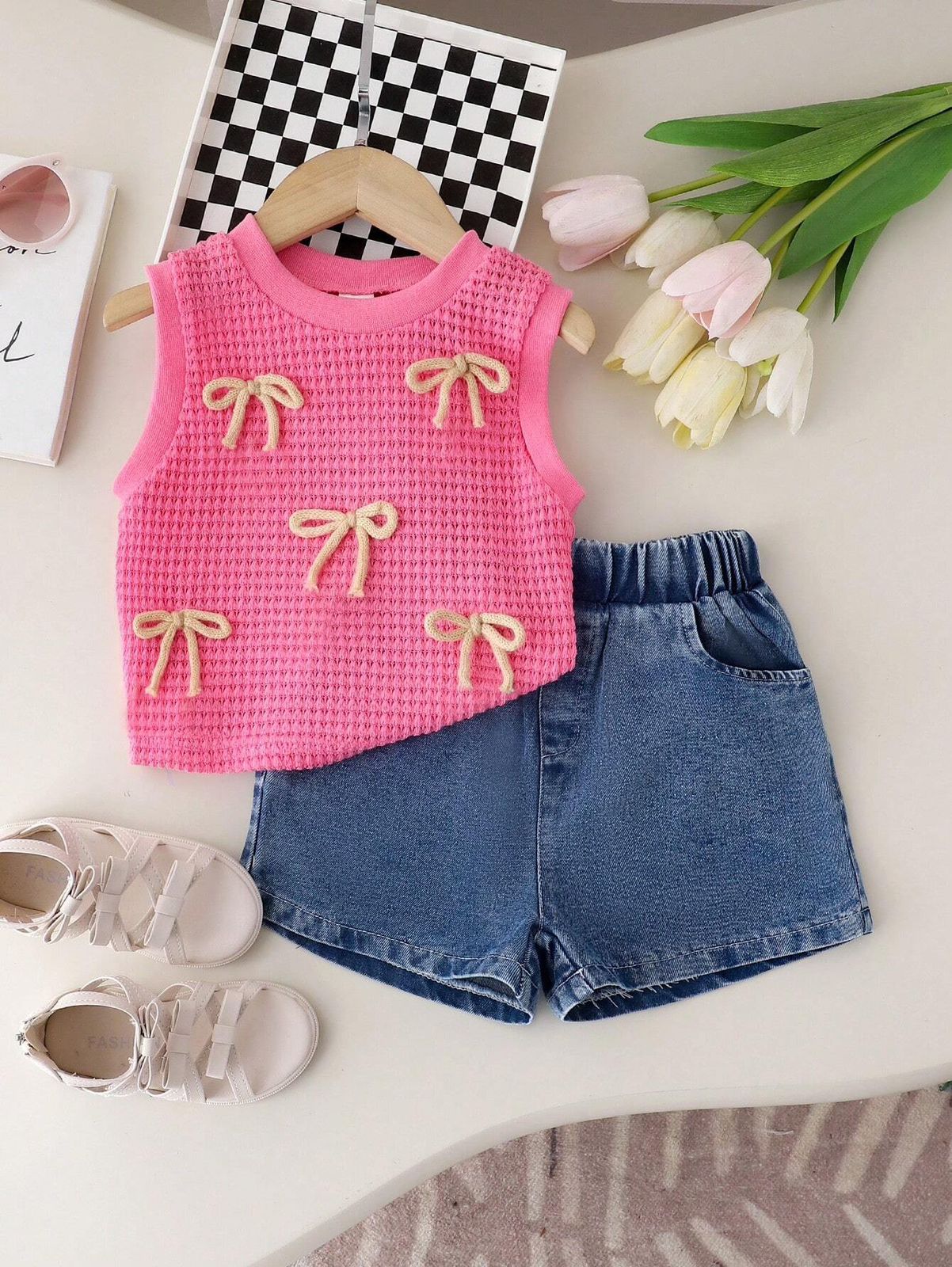 Young Girls Bow Knit Sleeveless Top & Aulie Denim Short