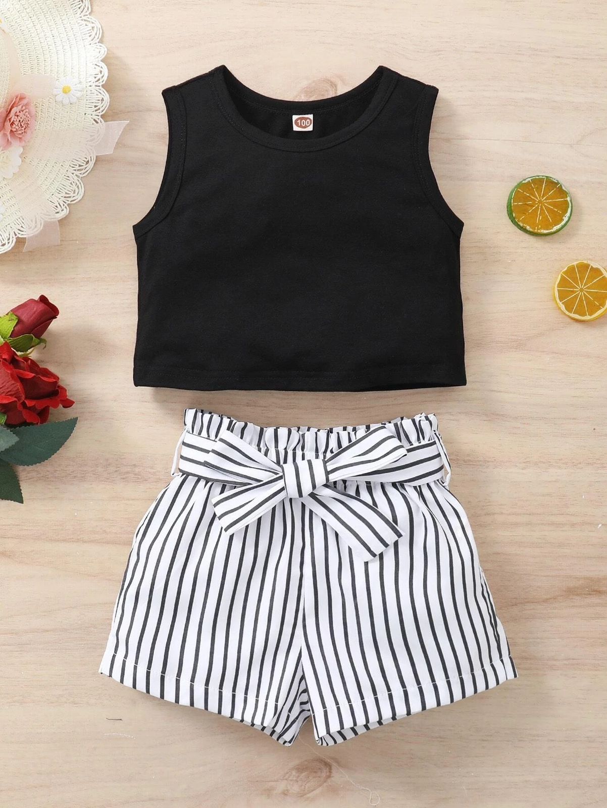 Young Girls Solid Tank Top & Stripped Belted Paper Bag Waist Shorts Set