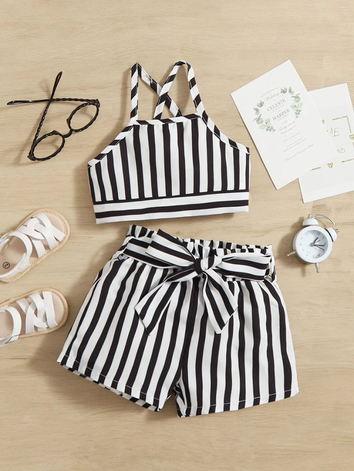 Baby Girls Vertical Striped Crisscross Cami Top & Belted Shorts Set