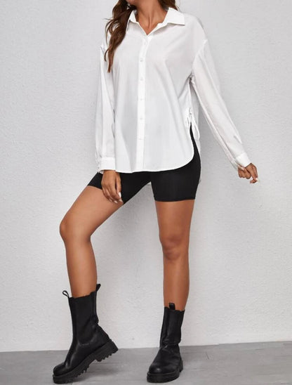 Maternity Drop Shoulder Knot Side Shirt With Long Sleeve - White