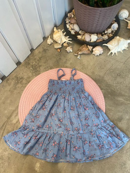 Pink Flowers Garden Theme Blue Cami Dress
