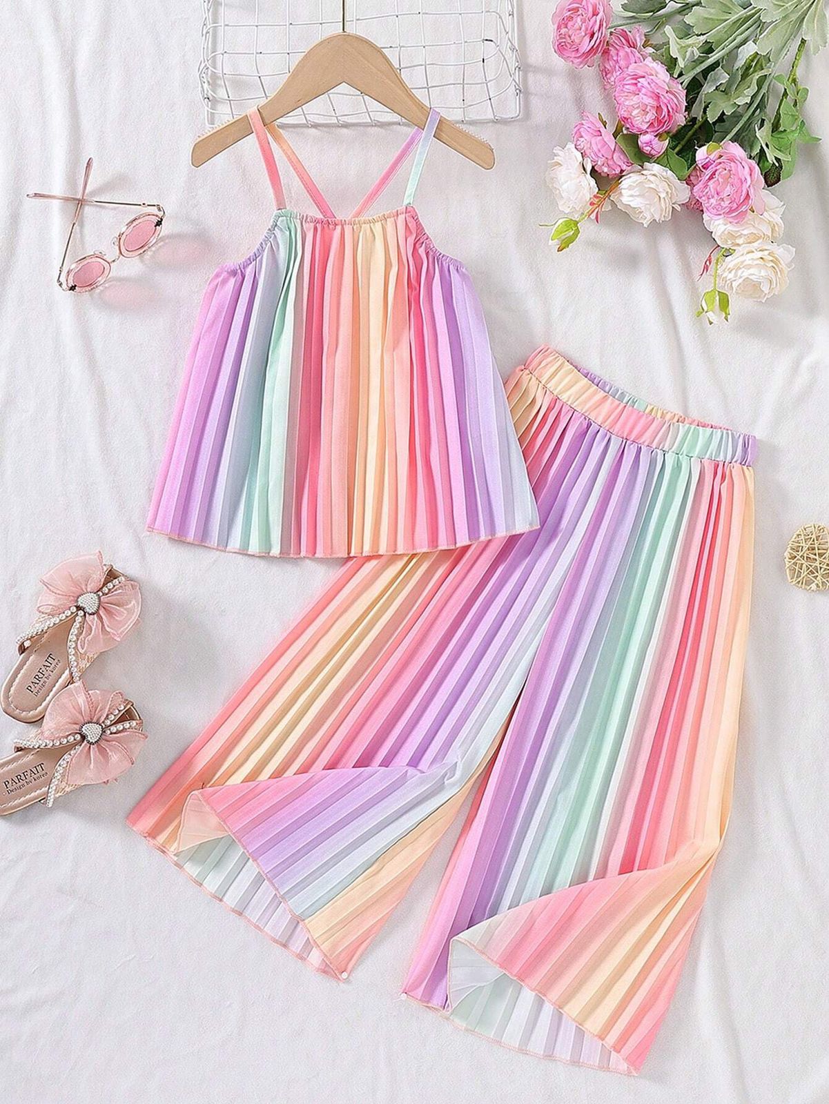 Young Girls Rainbow Ombre Pleated Spaghetti Strap Crop Top & Wide Leg Pants Set