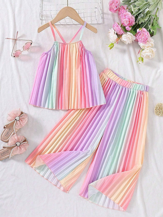 Young Girls Rainbow Ombre Pleated Spaghetti Strap Crop Top & Wide Leg Pants Set