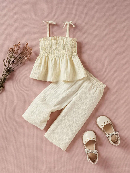 Baby Girls Tie Knot Sling Solid Color Top & Wide Leg Pants Set