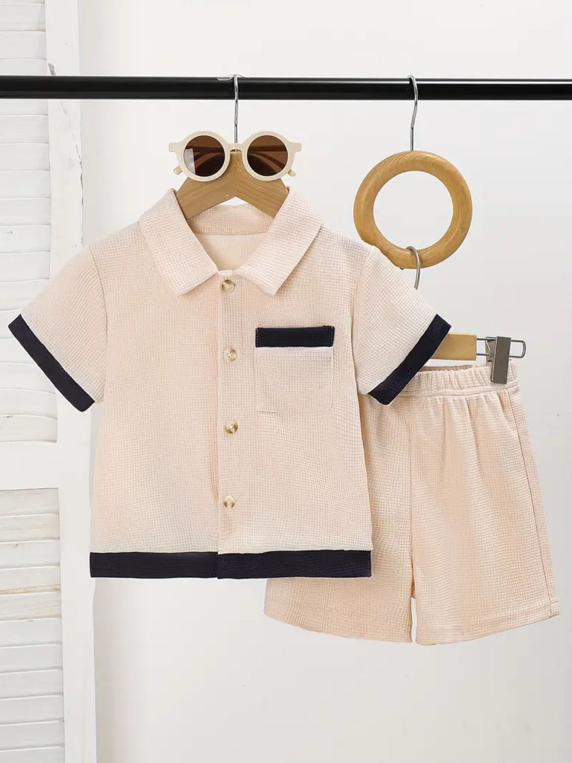 Young Boys Casual Minimalist Thin Waffle Splice Short Sleeve Cardigan Set
