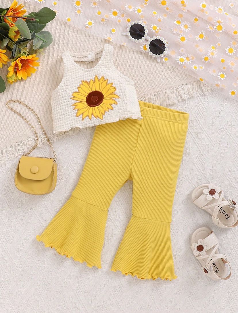 Baby Girls Summer Floral Embroidery Mesh Vest & Solid Color Flare Pants Set