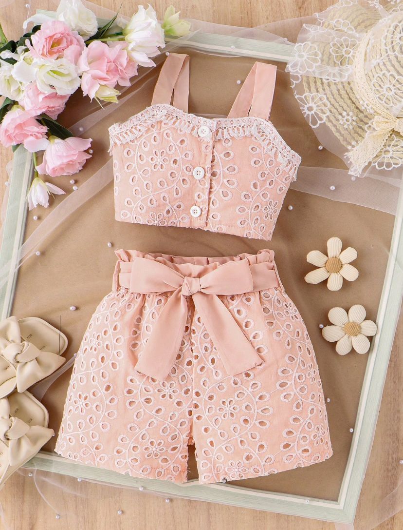 Hollow Out Embroidered Cami Top & Short Set