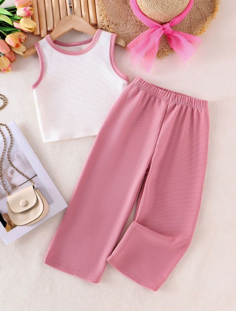 Young Girls Candy Color & Tank Top Casual Pants Set