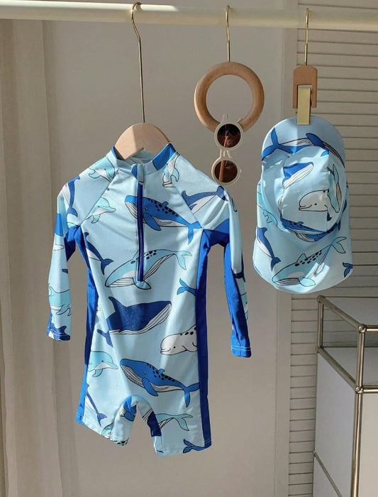 Young Boys Shark Cartoon Pattern Holiday Long Sleeve One-Piece Swimsuit Set
