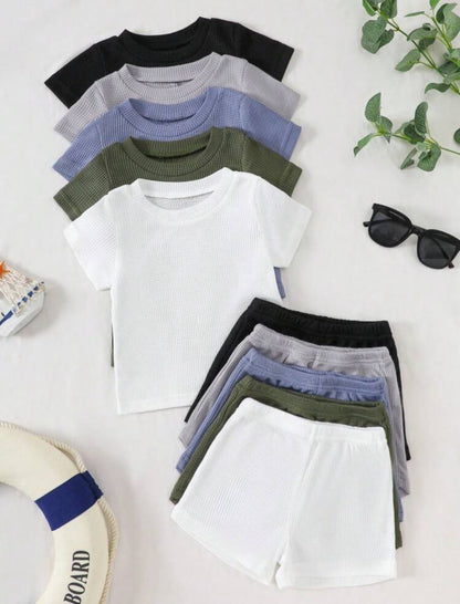 Baby Boys Textured Knit Short Sleeve Round Neck Top & Elastic Waist Shorts Set