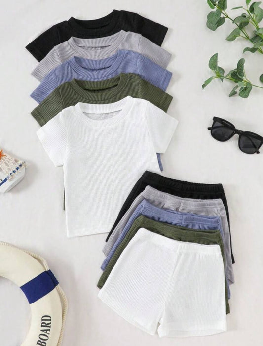 Baby Boys Textured Knit Short Sleeve Round Neck Top & Elastic Waist Shorts Set