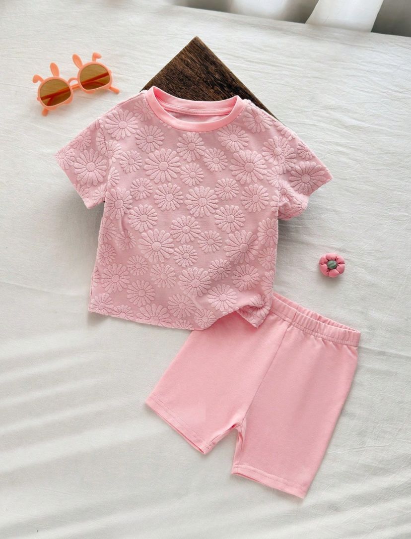 Baby Girls Solid Color Daisy Embroidery Tops & Shorts Set