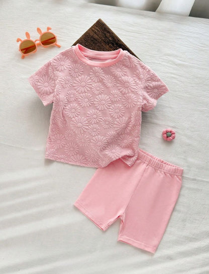 Baby Girls Solid Color Daisy Embroidery Tops & Shorts Set