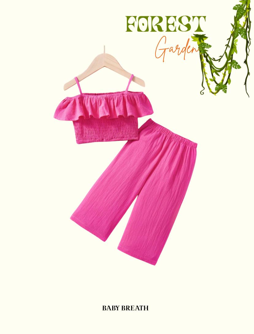 Baby Girls Solid Color Cold Shoulder Top & Casual Wide Leg Pants Set