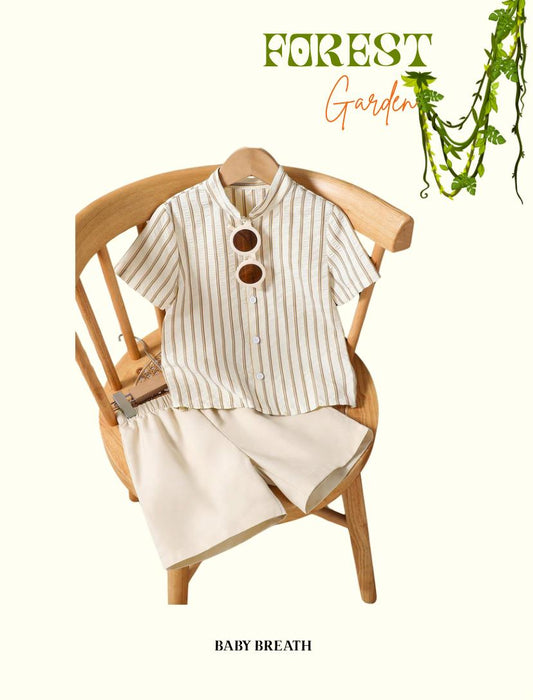 Young Boys BEIGE Casual Striped Front Button Short Sleeve Top & Shorts Set