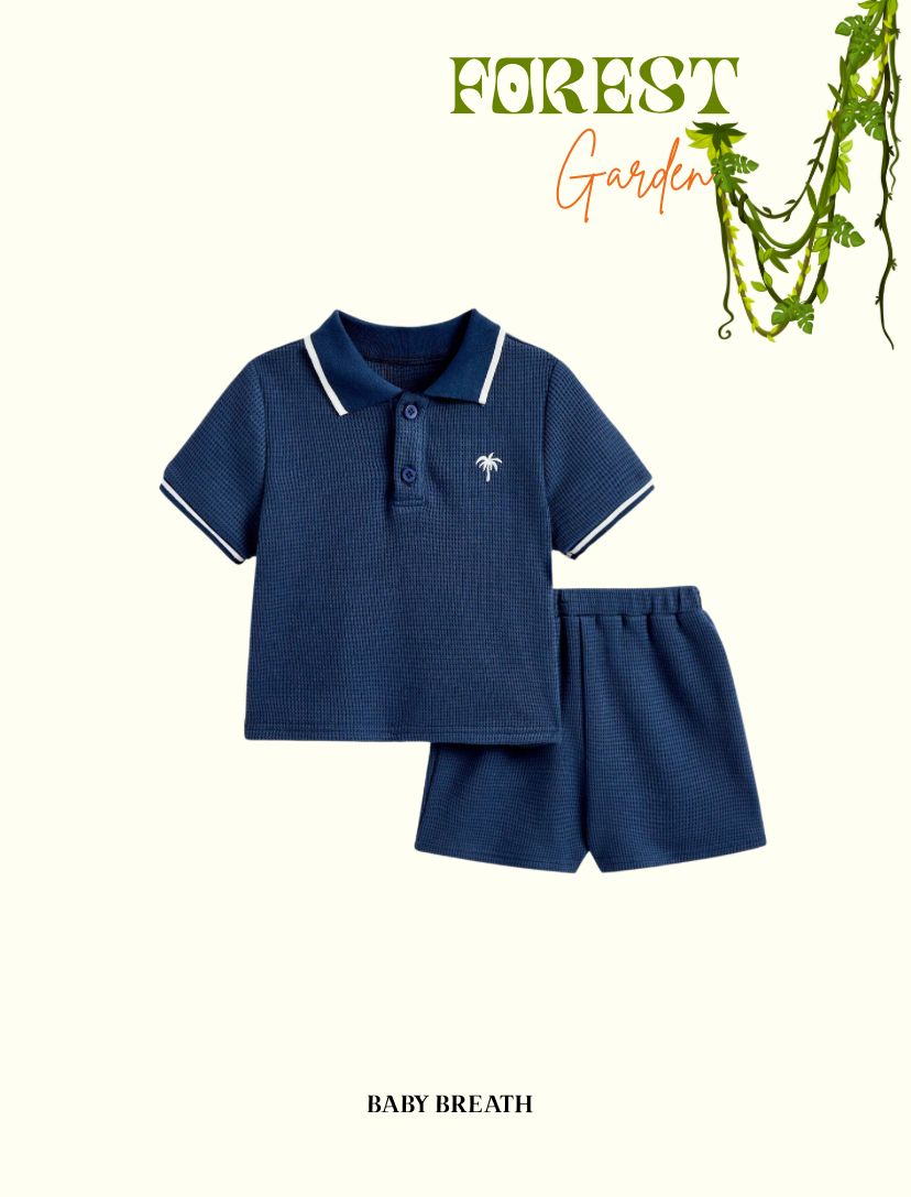 Coconut Tree Embroidered Color Block Turn Down Collar Top & Shorts Set | 0-1M