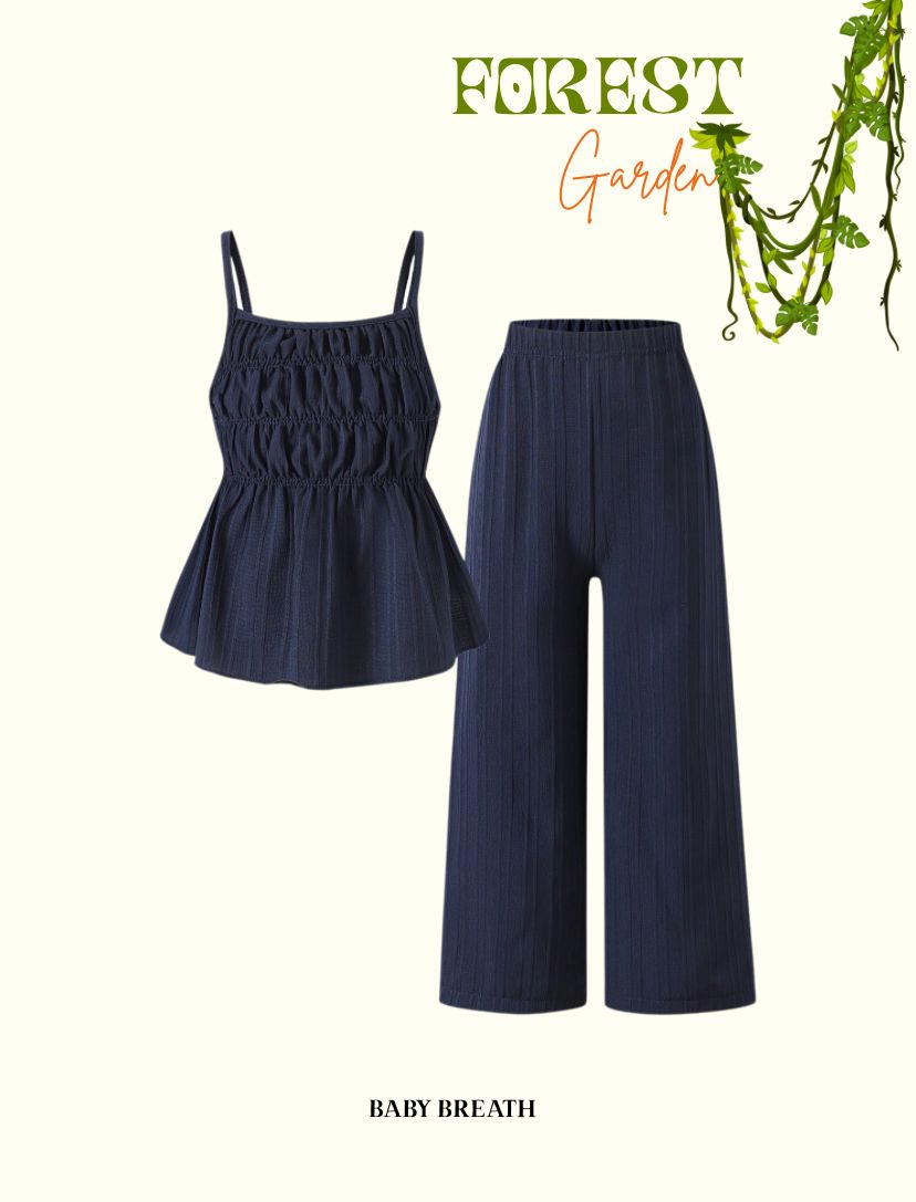 Young Girls Sweet Crinkle Textured Shirred Elastic Camisole Top & Loose Wide Leg Pants Set