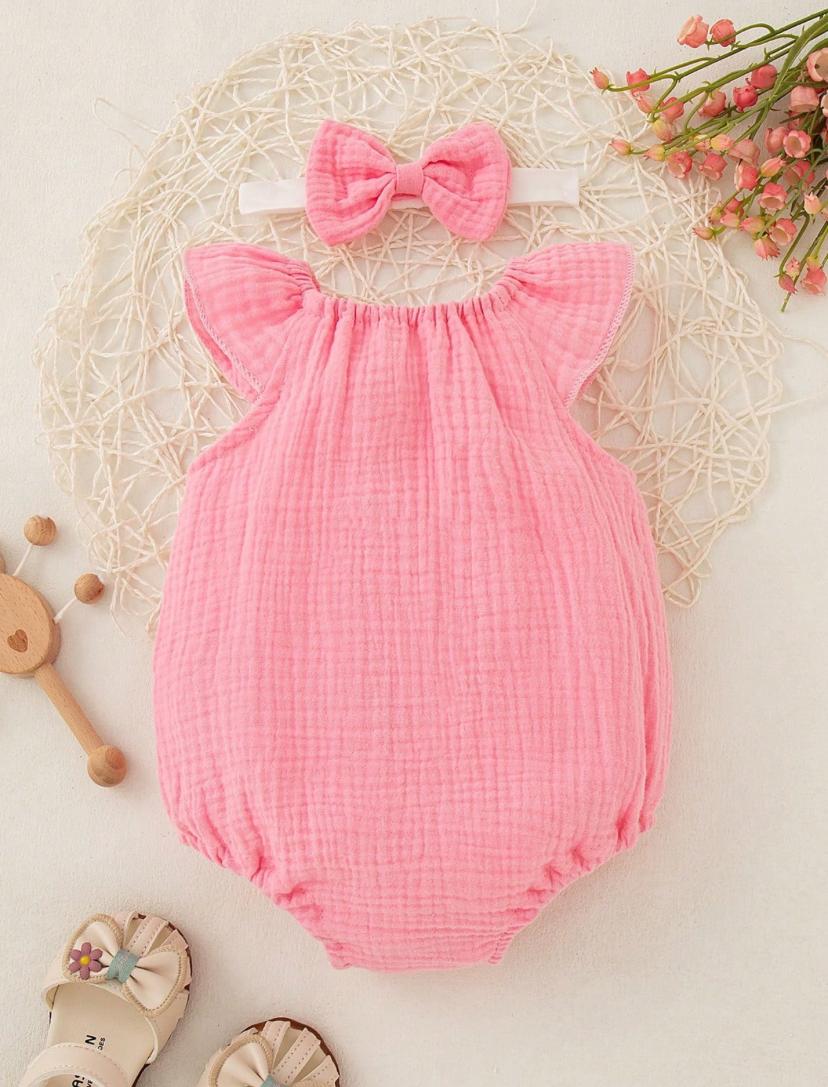 New Born Round Neck Solid Colored Bodysuit With Headband