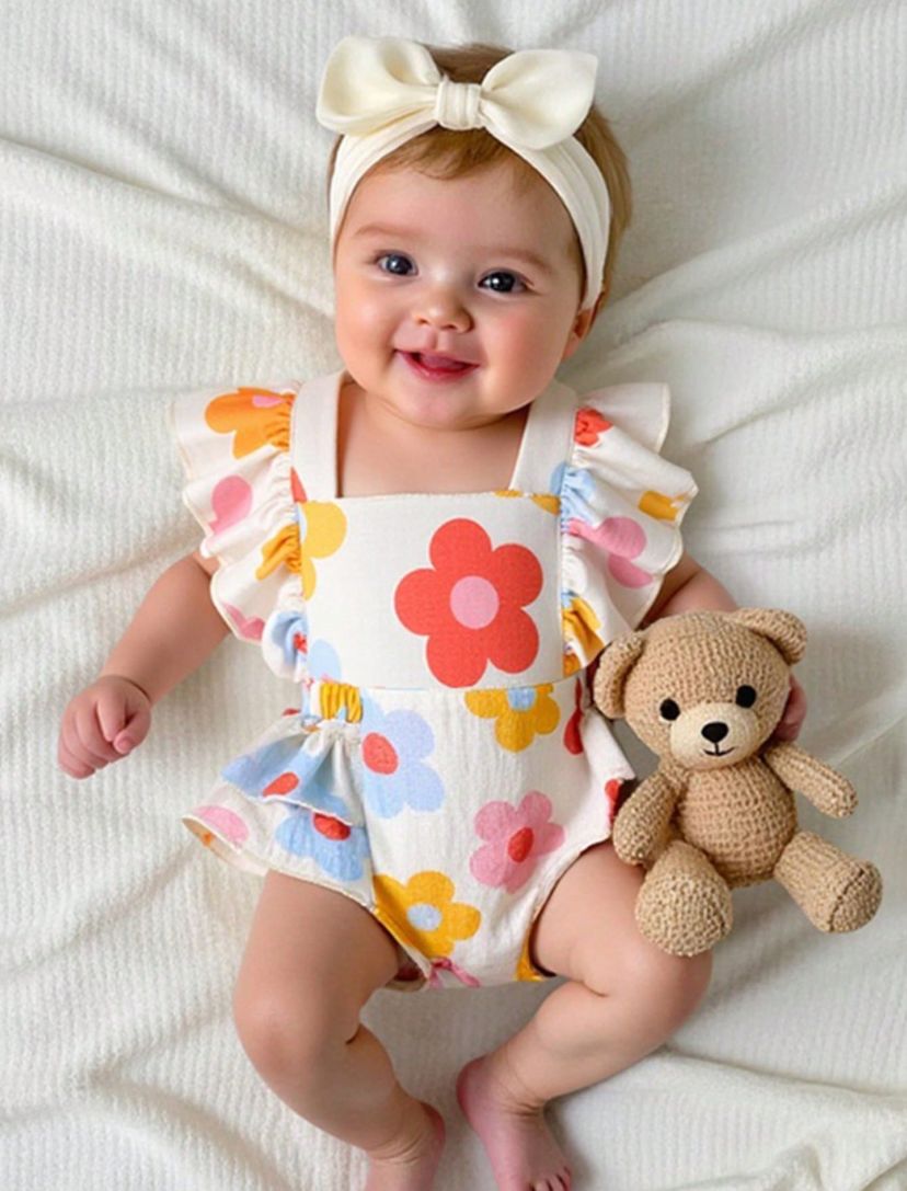 New-born Floral Print Square Neck Cap Sleeve Romper | 1M - 6M