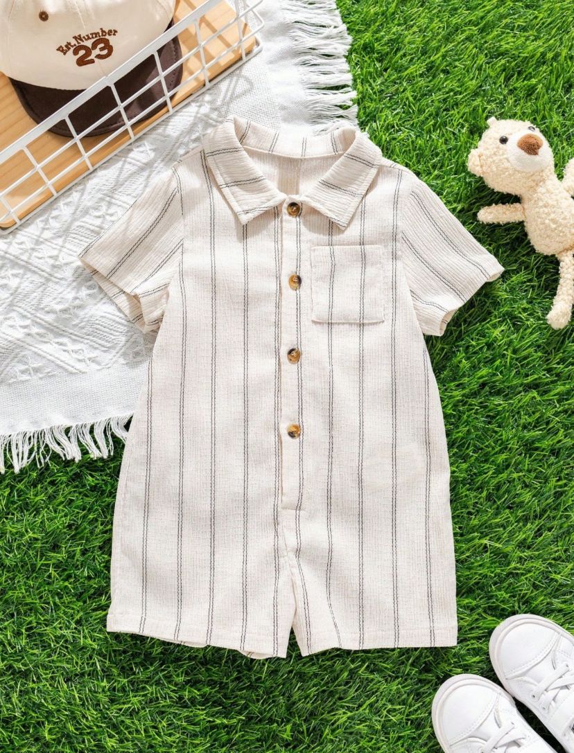 New-born Casual Striped Romper Short Sleeve Polo Collar Jumpsuit