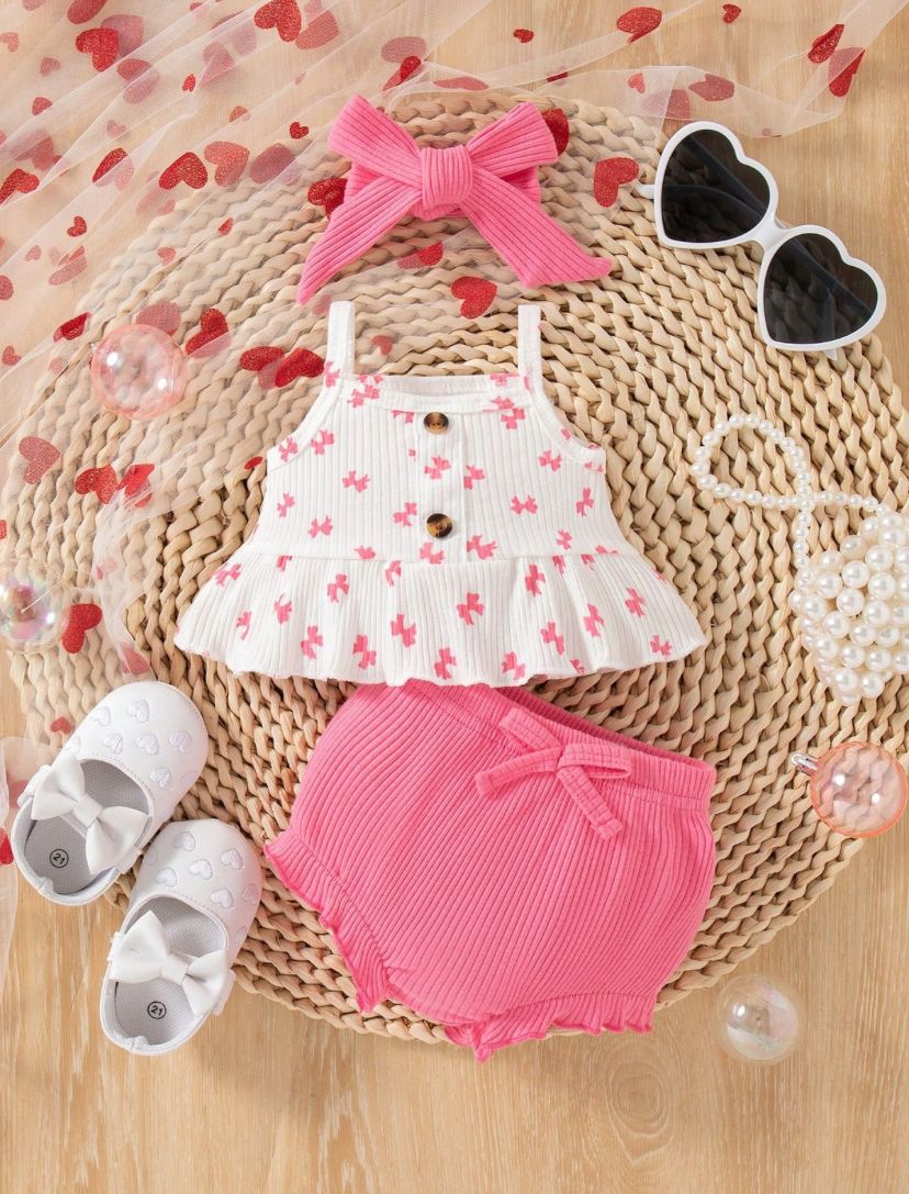 New-born Bow Printed Cami Top & Short With Headband