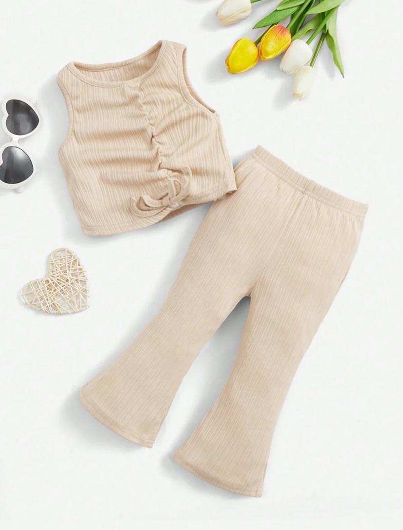 Baby Girls Beige Color Sleeveless Top & Flare Leg Pants Set
