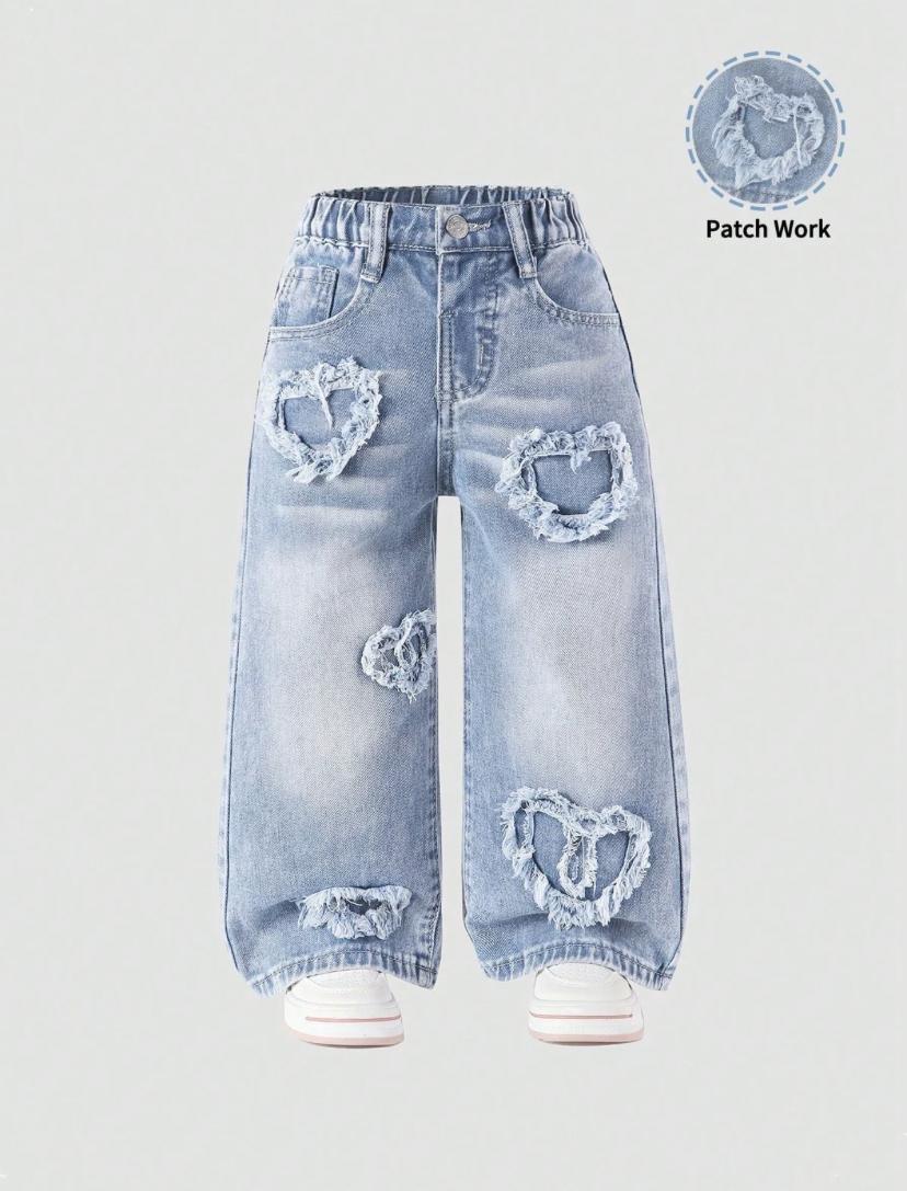 Young Girls Casual Heart Patch Embroidered Wide Legs Pants