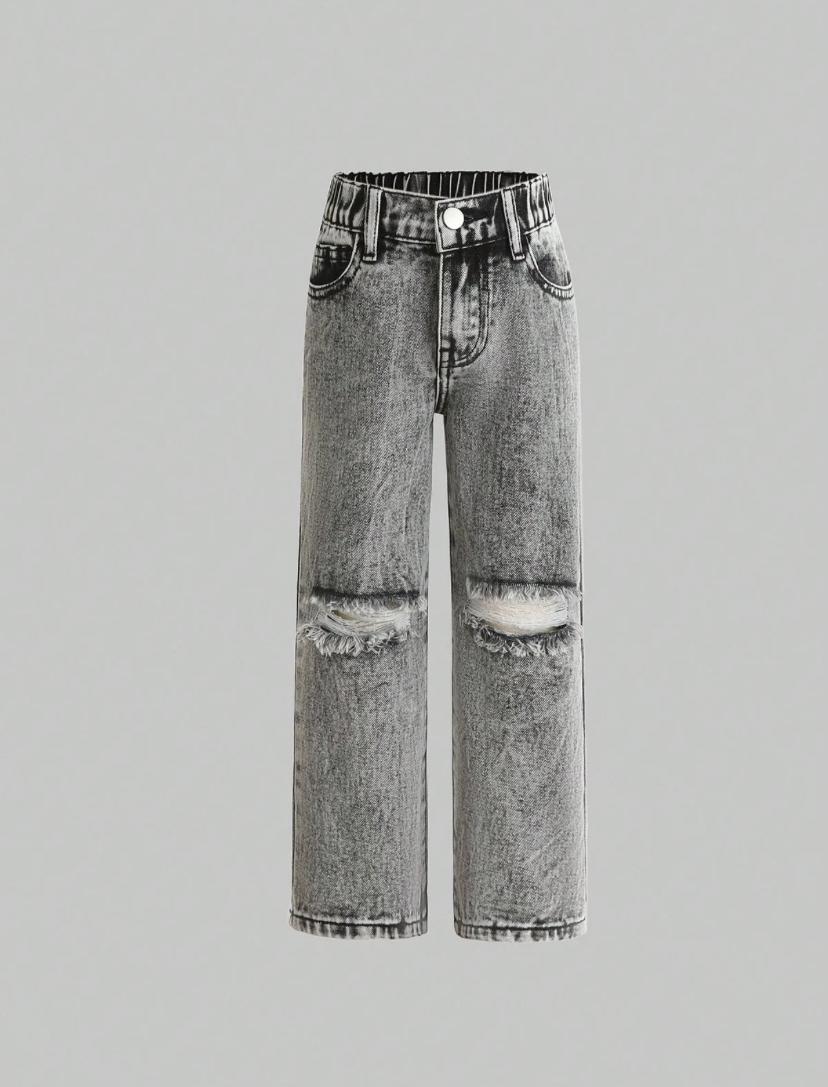 Young Girls Distressed Wide Leg Casual Versatile Denim Jeans