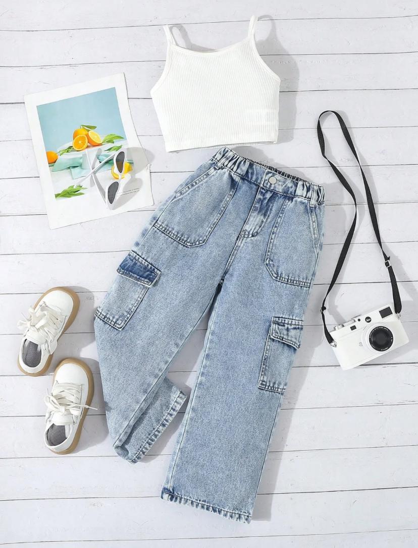 Young Girls Solid Color Tank Top And Denim Cargo Pants | 4Y - 7Y