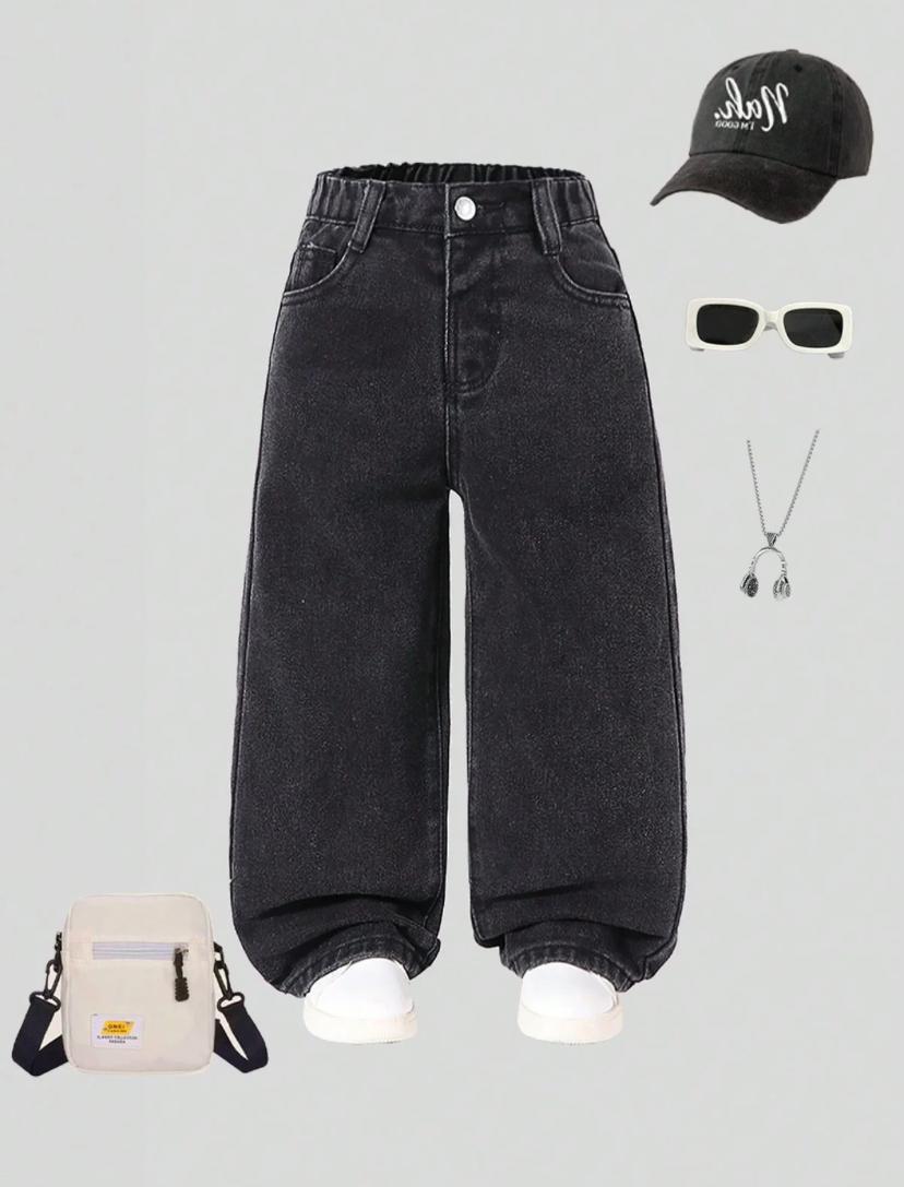 Young Girls Y2K Street Daily Elastic Waist Straight Jeans | 4Y - 7Y
