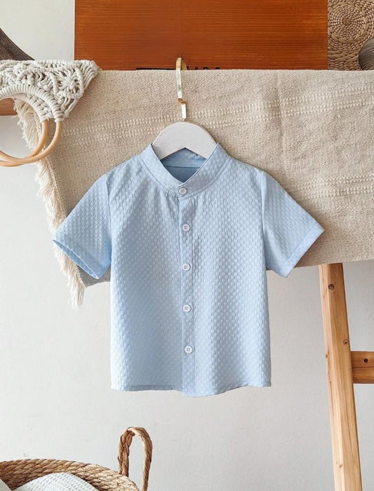 Young Boys Casual Solid Color Stand Neck Short Sleeve Korean Woven Shirt | 4Y - 7Y