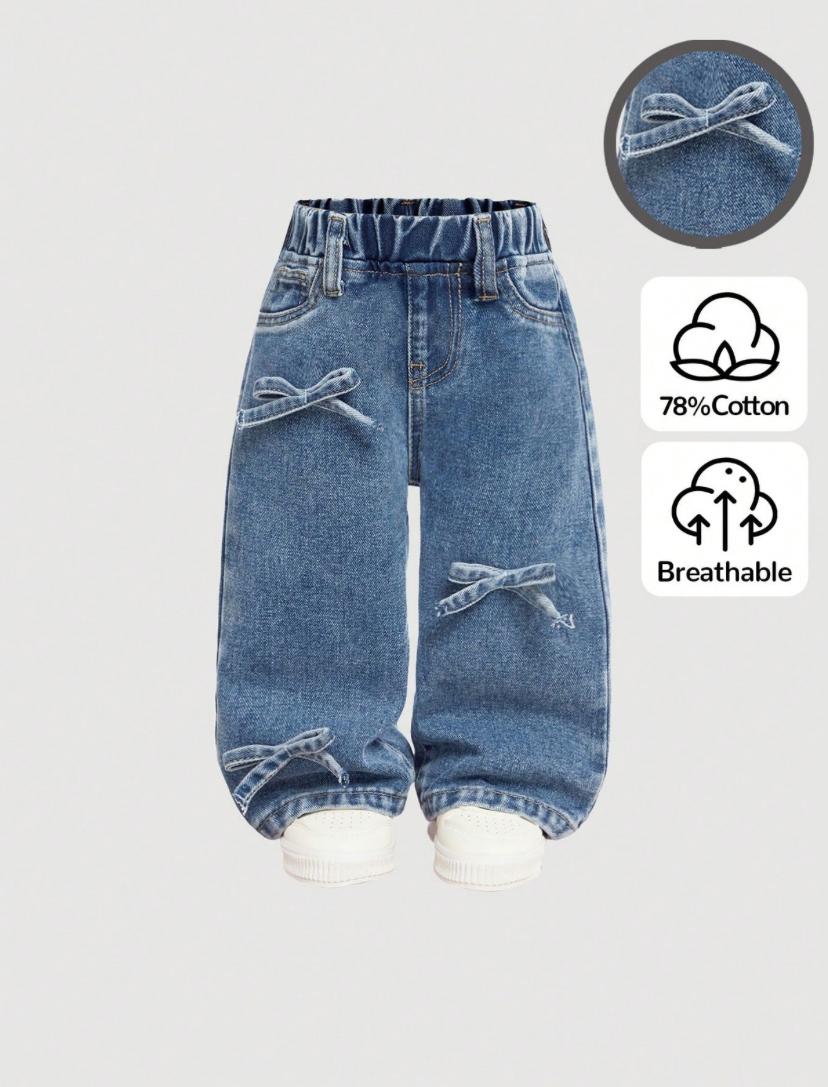 Baby Girls Cute Bowknot Decor Blue Denim Wide Leg Pants | 6M - 3Y