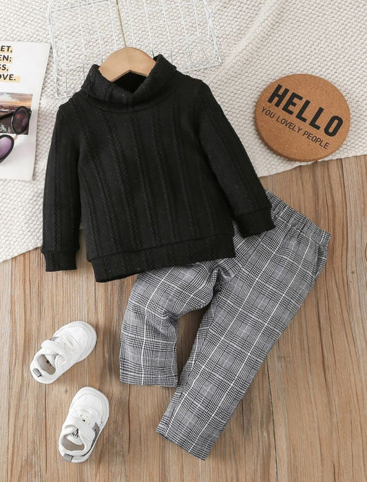 Baby Boys Black Color Turtleneck Sweatshirt & Plaid Pants Set  | 6M - 3Y