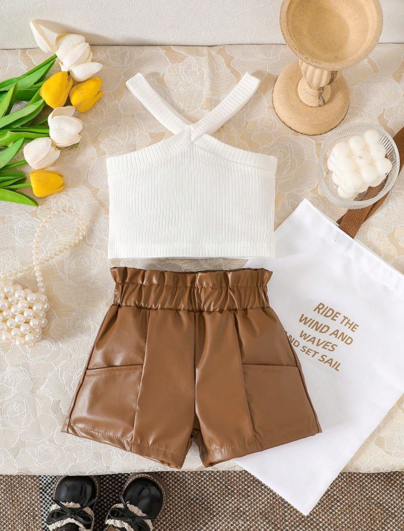 Baby Girls Sleeveless Camisole Top & Leather Shorts Set | 6M - 3Y