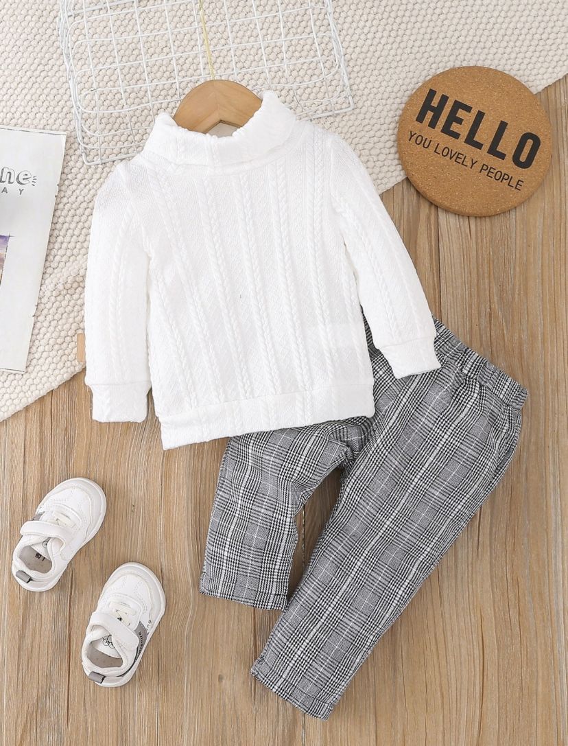 Baby Boys White Color Turtleneck Sweatshirt & Plaid Pants Set | 6M - 3Y